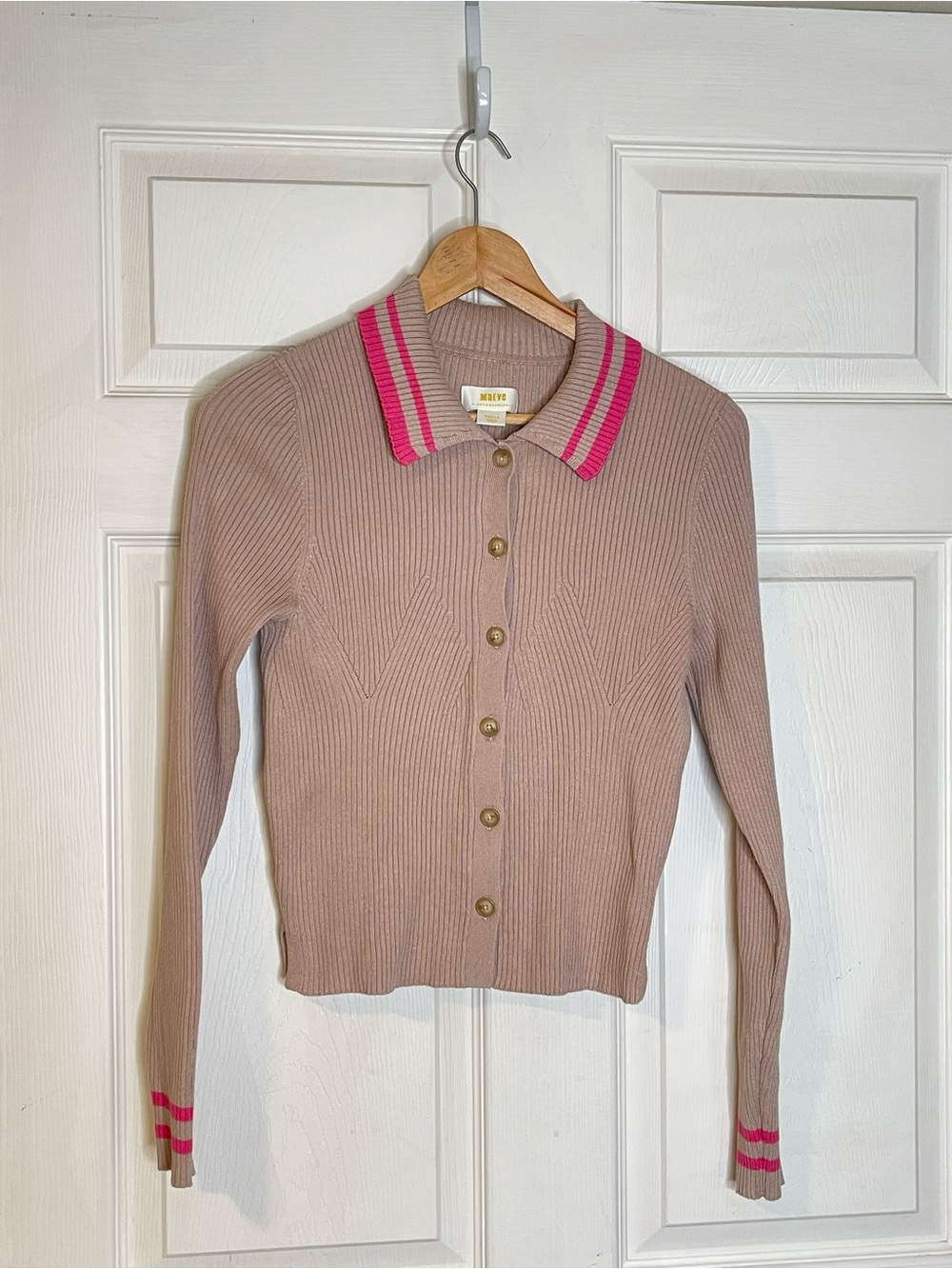 Anthropologie Taupe Ribbed Cardigan with Pink Trim Y2K Preppy Fitted Girly